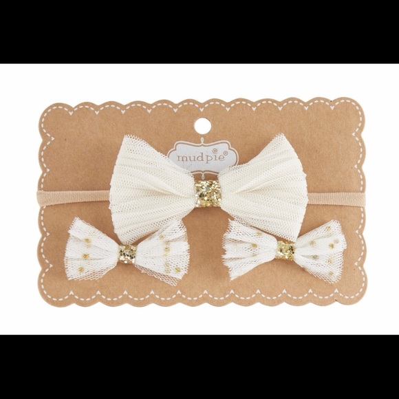 Mud Pie Ivory Mesh girl’s Bow Headband Clips Set - Picture 7 of 8